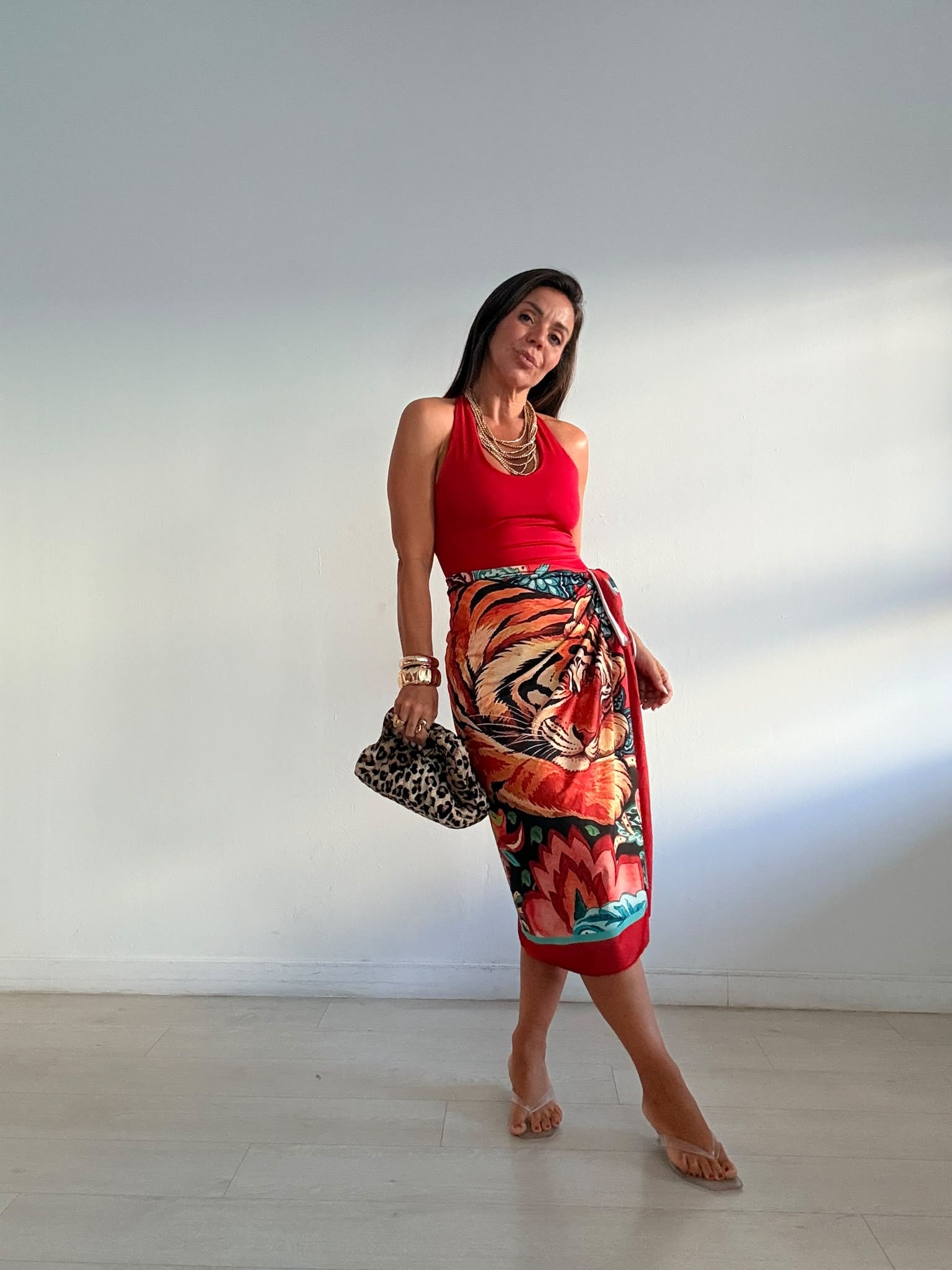 FALDA LARGA LICRA TIGRE TEJA/TURQUESA