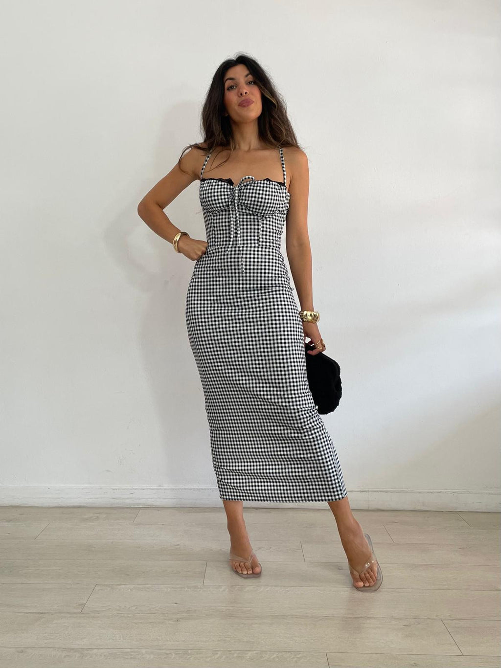VESTIDO LARGO VICHY ENCAJE PECHO