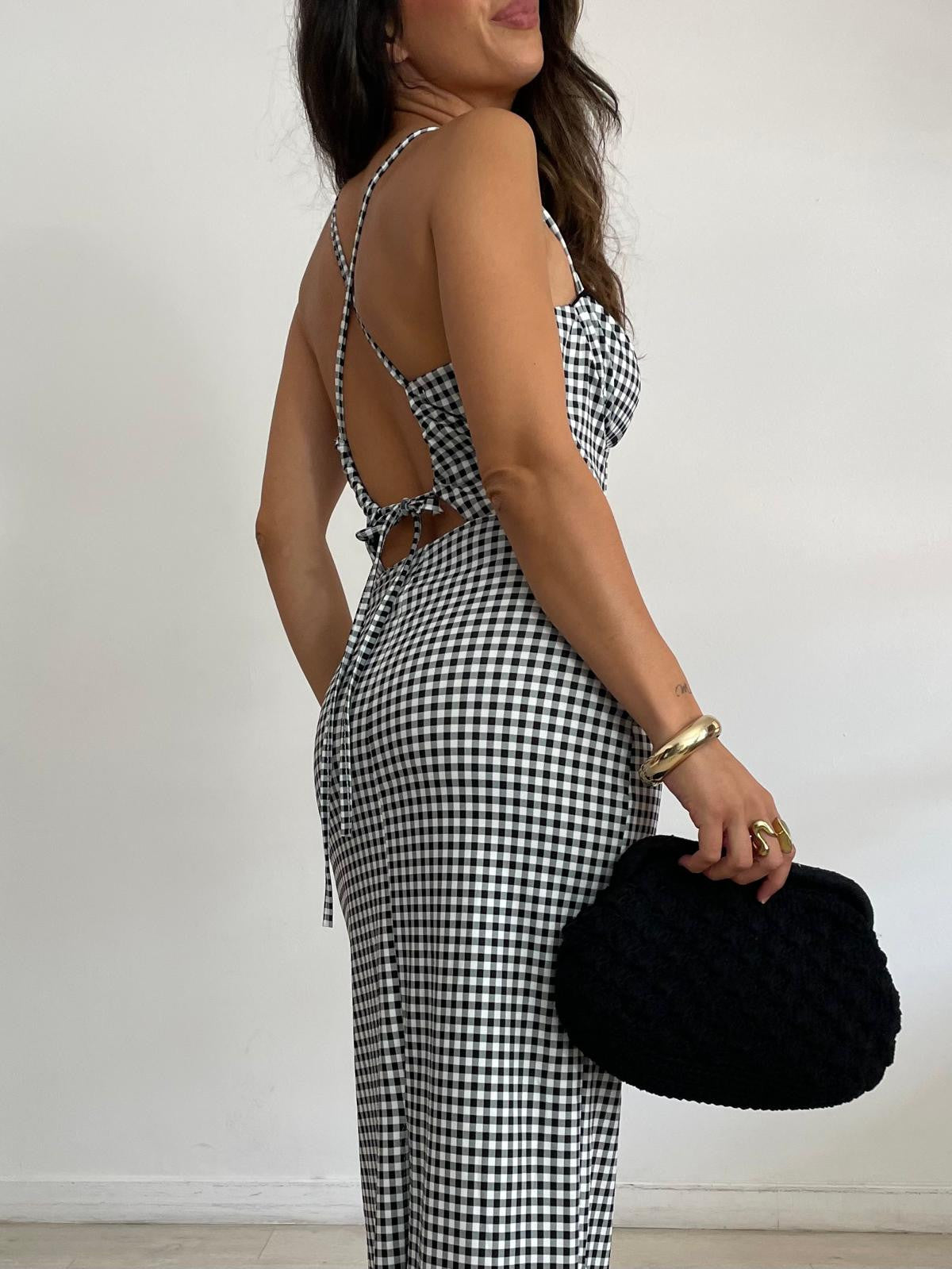 VESTIDO LARGO VICHY ENCAJE PECHO