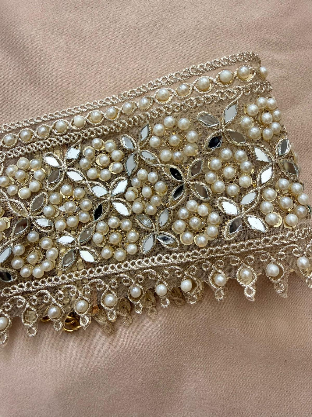 CHOKER TELA PERLITAS Y MINI ESPEJOS