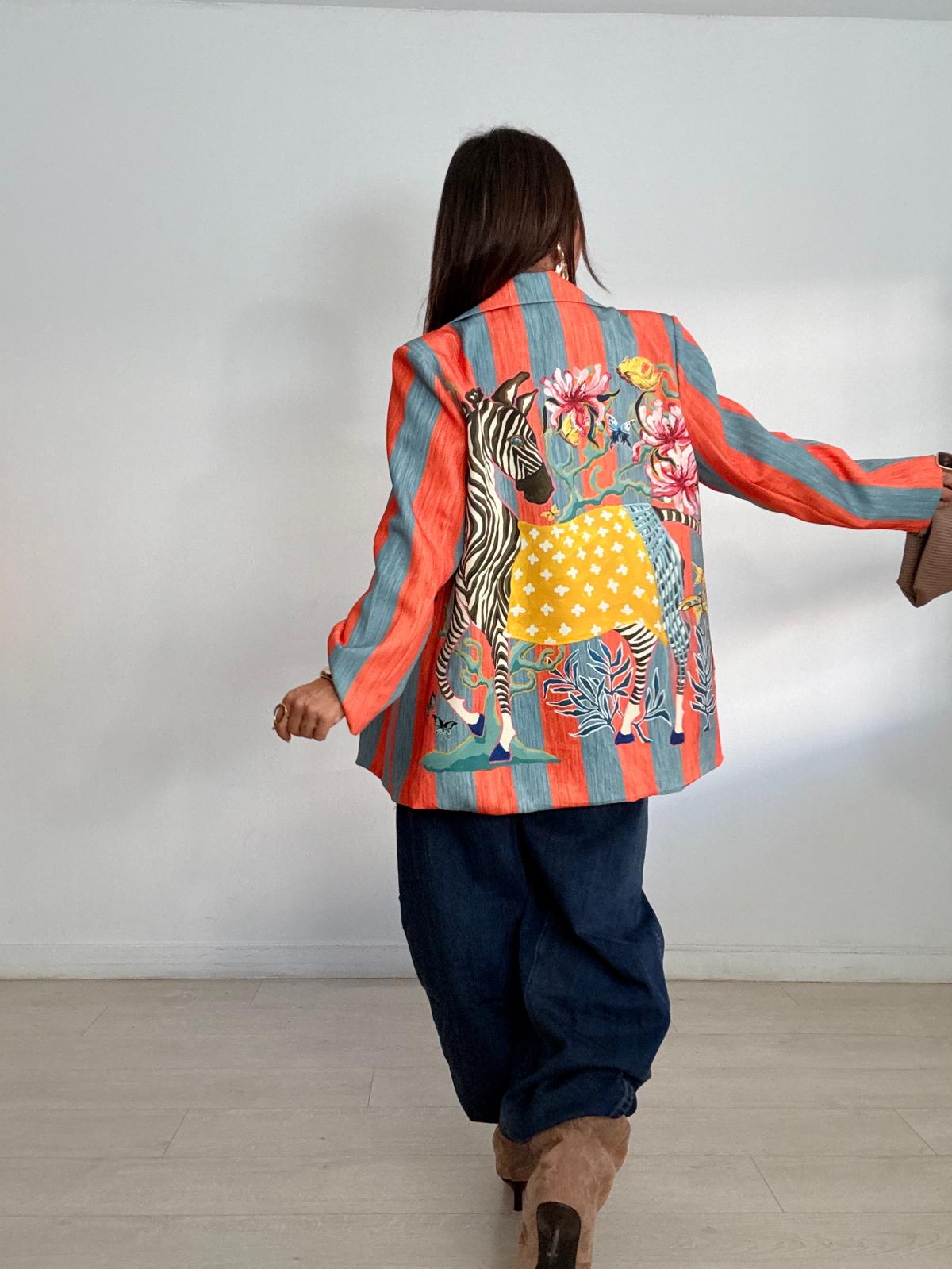 BLAZER CEBRA FLORES RAYAS AZUL Y NARANJA