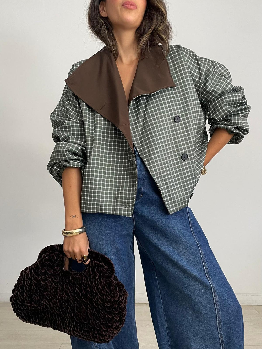 CHAQUETA CORTA COMBINADA CUADRITOS