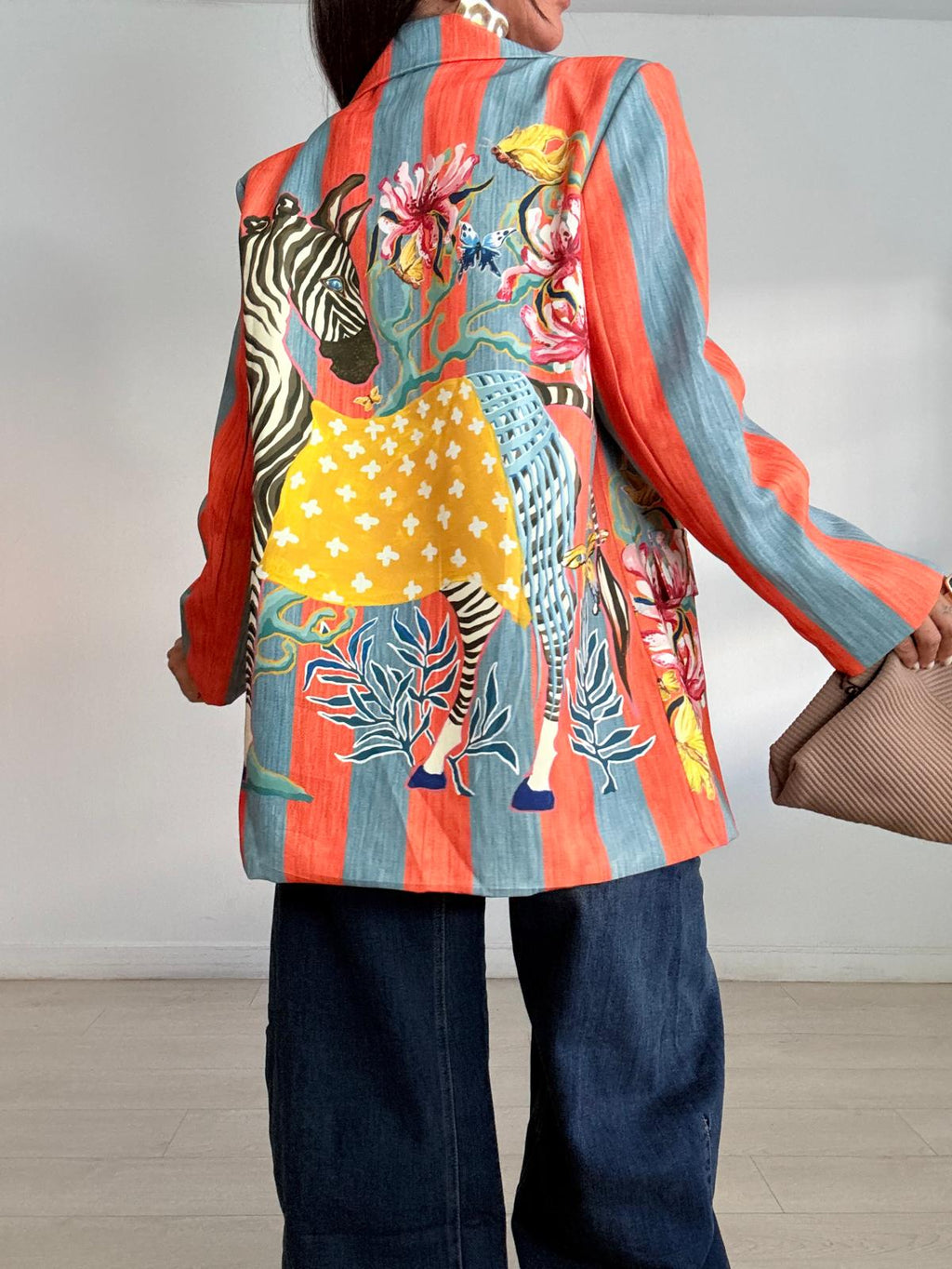 BLAZER CEBRA FLORES RAYAS AZUL Y NARANJA