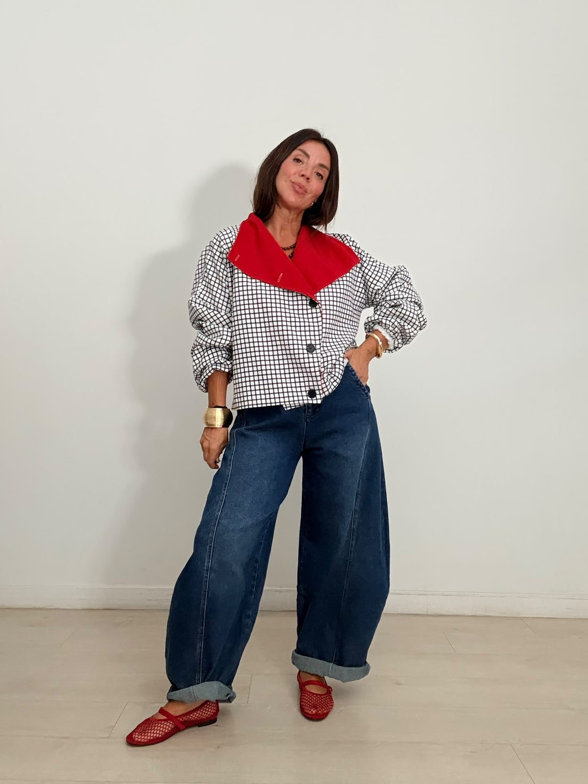 CHAQUETA CUADRITOS BLANCA/ROJA